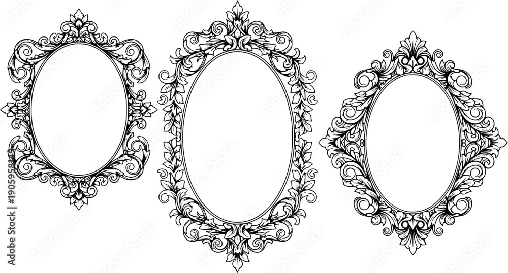 Obraz premium Three ornate oval frames decorative design elements on transparent background silhouette 