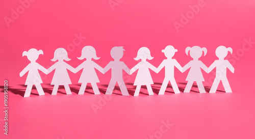 Diverse paper children holding hands against a vibrant pink background.
