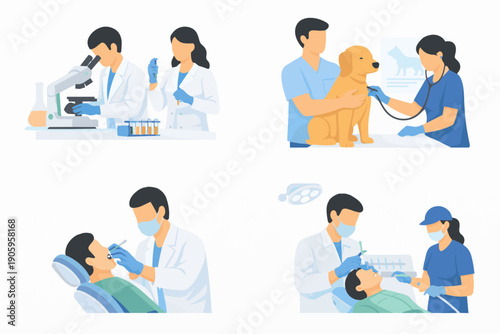 Medical professionals in different healthcare settings, including laboratory, veterinary, and dental care