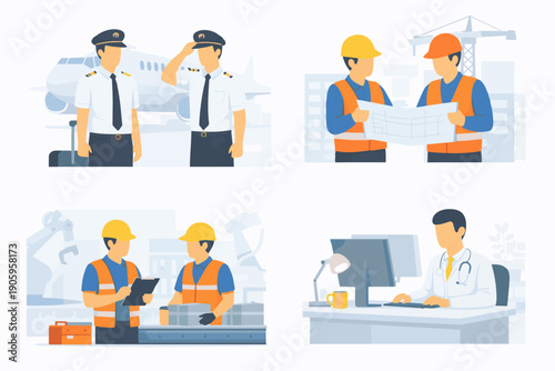 Diverse professionals in different industries, including aviation, construction, manufacturing, and healthcare