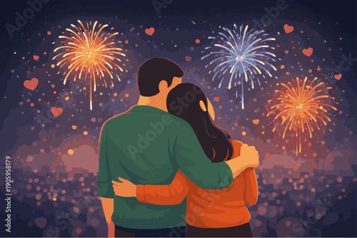 Couple embracing while watching a vibrant fireworks display over a city at night