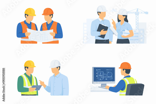 Construction workers collaborating on blueprints and digital plans at a building site
