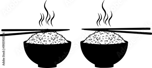 Two steaming bowls of rice with chopsticks a minimalist design silhouette
