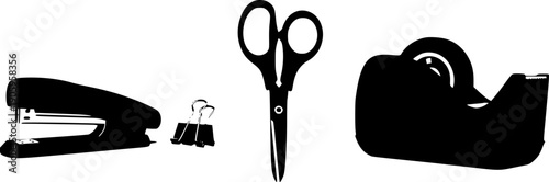 Stationery items including stapler scissors and tape dispenser on transparent background silhouette
