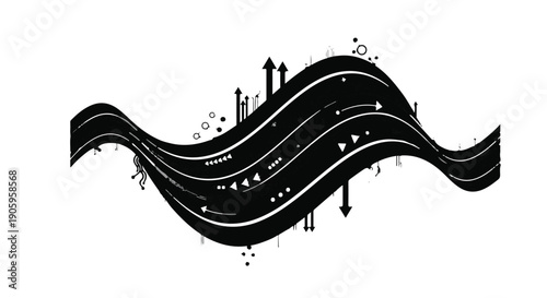 Abstract wave data flow illustration with arrows and dots on white background, representing digital movement and progress