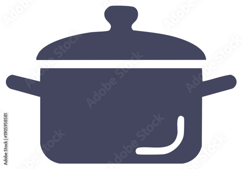Simple dark blue icon of a cooking pot with lid and handles on white background