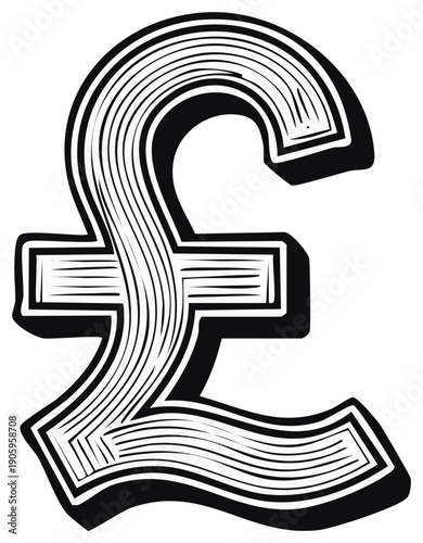 Vintage British Pound Sterling currency symbol illustration in a retro woodcut style