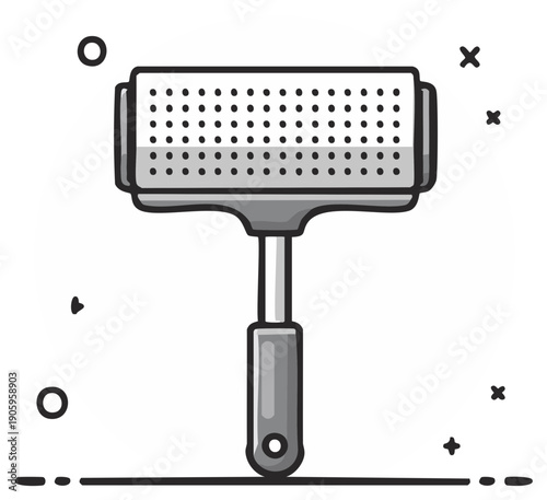Modern grayscale illustration of a sticky lint roller for cleaning clothes and removing pet hair