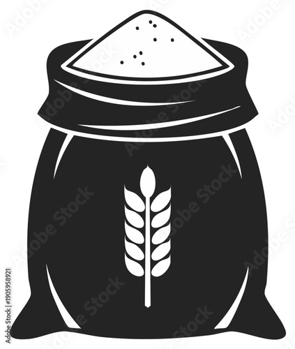 Black silhouette of an open sack of flour with a wheat stalk emblem