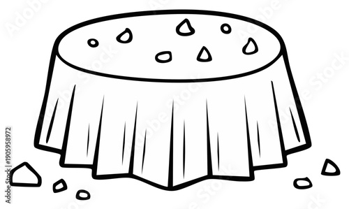 Cartoon drawing of cake with sprinkled toppings and draped table cloth