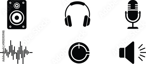 A set of vector silhouette icons featuring audio equipment and symbols in line art style