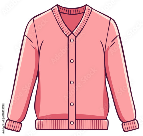 Pink knitted cardigan sweater with buttons, casual clothing style, winter apparel fashion illustration