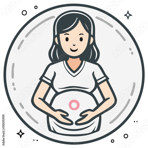 Illustration of a pregnant woman in a minimalist cartoon style, holding her belly with care and love.