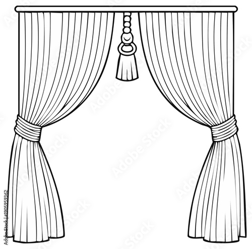 Drapery in a drawing with curtain tiebacks and a tasseled tie in linear style