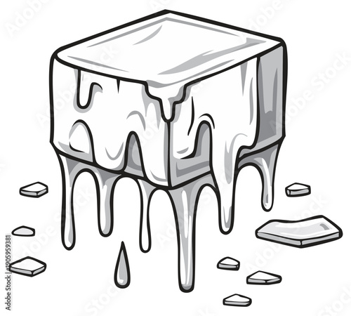 Simple black and white illustration of a melting ice cube slowly dissolving with water droplets and broken ice pieces