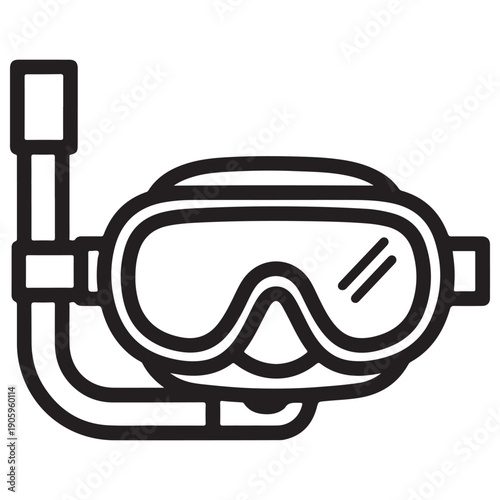 Minimalist black line art icon of a professional snorkel mask and breathing tube set, isolated on a white background, representing underwater exploration, scuba diving, and summer water sports.