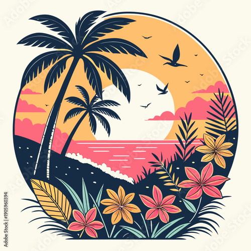 A tropical island scene with palm trees and flowers Vector