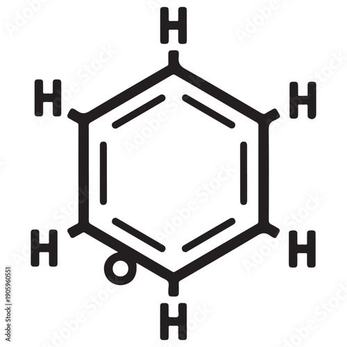 Benzene chemical structure icon representing an aromatic hydrocarbon molecule for organic chemistry education and scientific research diagrams, minimalist black line art on white background.