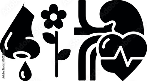 40th birthday celebration icon set with teardrop confetti flower number forty love heart minimalist black white vector illustration