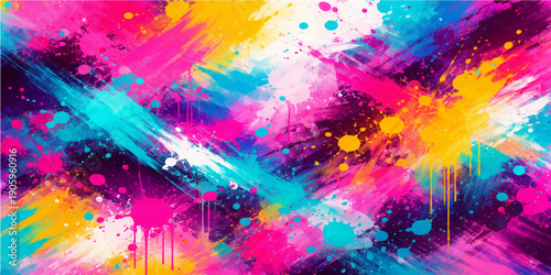 Vibrant abstract background featuring colorful paint splashes and a dreamlike fractal swirl pattern with a rainbow spectrum effect and flowing motion lines
