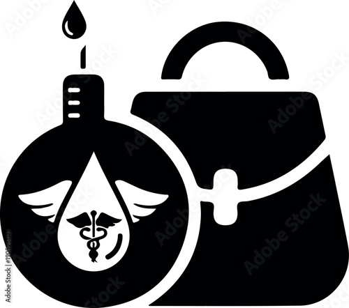 Black waterproof backpack icon with teardrop and wings design for travel adventure and outdoor sports gear