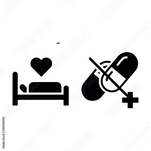 Broken condom and heart symbol on bed with pills illustrating safe sex failure and relationship trust issues