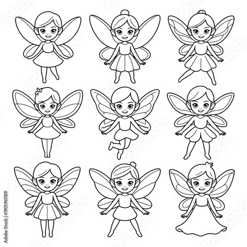 Chibi style little fairies coloring book page for kids vector illustration of nine cute winged girls in simple line art isolated on white background for educational leisure activity