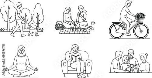 Whimsical illustrations of people engaging in various activities with vintage bicycles