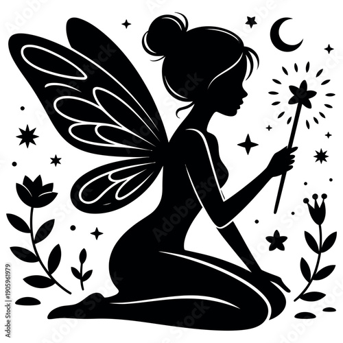 Kneeling fairy silhouette holding magic wand with star, surrounded by flowers, stars, moon, and branches, depicting enchantment and dreams