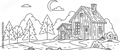 A vintage illustration of a quaint countryside house with trees and a small bridge.