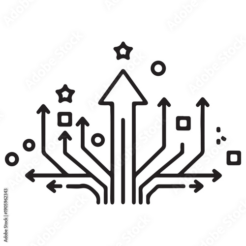 Minimalist black line art icon featuring multiple arrows pointing upwards and outwards, symbolizing business growth, strategic diversification, and career advancement on a white background.