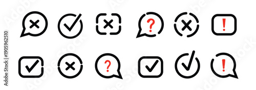 Check tick mark icon set. Cross box x check mark checkbox v list vector draw hand drawn sketch doodle brush marker checklist symbol wrong right circle and exclamation, question mark icons . Vector Ill