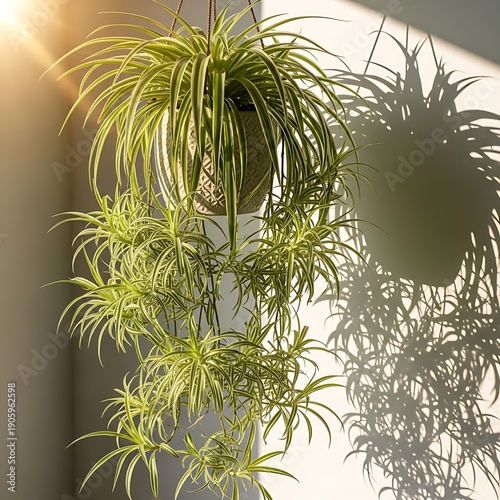 A spider plant hanging in a bright room with a decorative pot