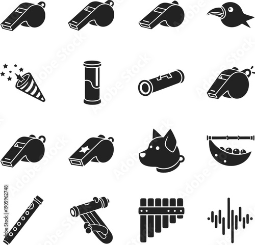 A collection of various black and white icons on a white background