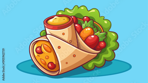 Cartoon vector of a chicken wrap filled with vegetables and sauce in minimal flat cafe lunch food illustration style