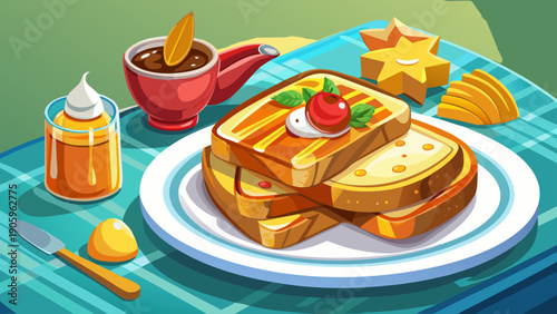 Cartoon vector illustration of golden french toast slices with syrup in clean flat colorful cafe breakfast food style