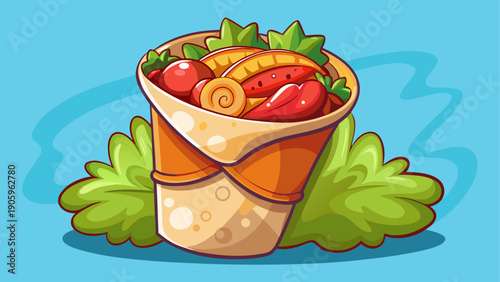 Cartoon vector of a chicken wrap filled with vegetables and sauce in minimal flat cafe lunch food illustration style