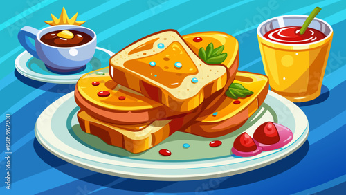 Cartoon vector illustration of golden french toast slices with syrup in clean flat colorful cafe breakfast food style