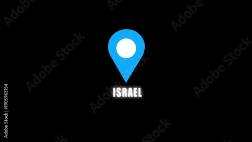 Blue map pin icon with the word Israel on black background