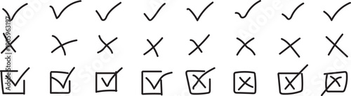 A collection of hand-drawn checkmarks, crosses, and checkbox symbols in various styles for user interface design. Vector