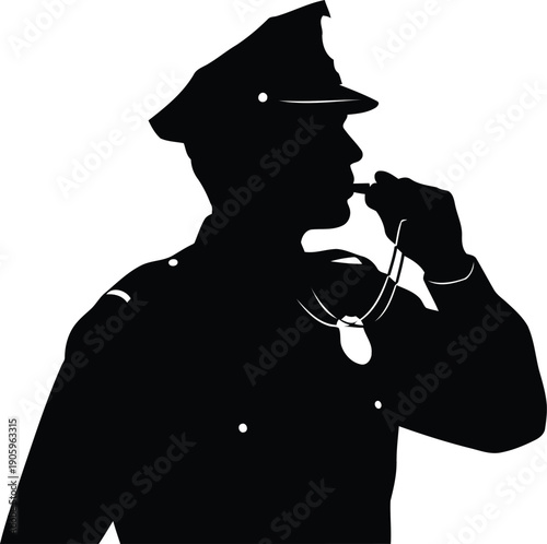 A black silhouette of a police officer on a white background