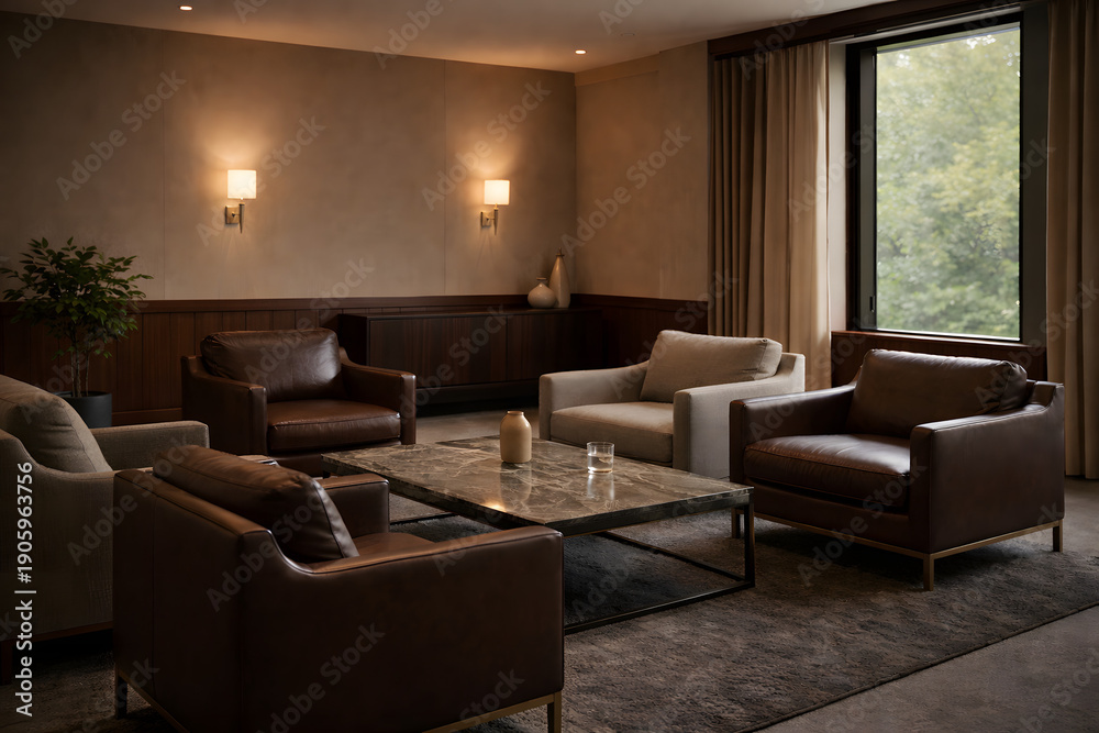 Fototapeta premium Luxury private banking lounge interior with leather chairs and soft lighting
