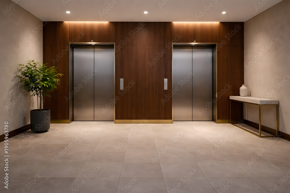Obraz premium Modern office elevator lobby with wood wall panels and minimalist design