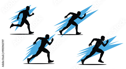 Four runners in dynamic poses against a vibrant blue background silhouette