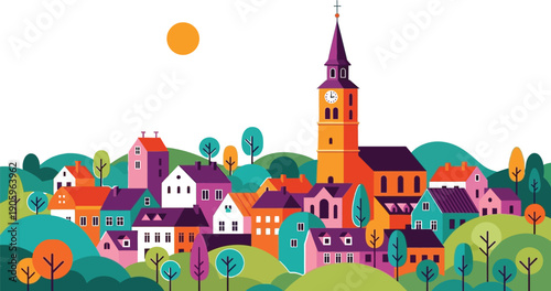Colorful stylized European village illustration features many small houses clustered around a tall central church spire under a.