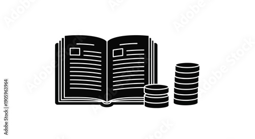 Open book and stacks of coins a financial literacy concept silhouette