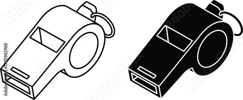 A black and white drawing of two whistles