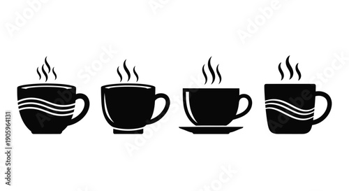 Four black coffee cups in a row simple design silhouette