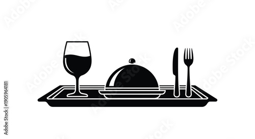 Elegant dinner setting with wine covered dish and cutlery silhouette
