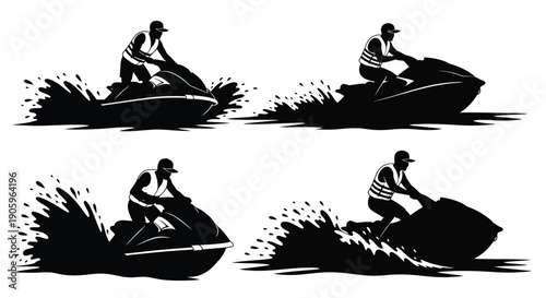 Jet ski riders in action depicted in black and white silhouette